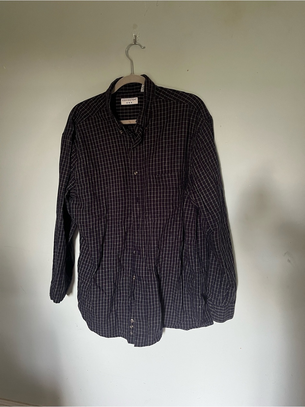 Covington Men's Black Plaid Button-Down Shirt with White Grid